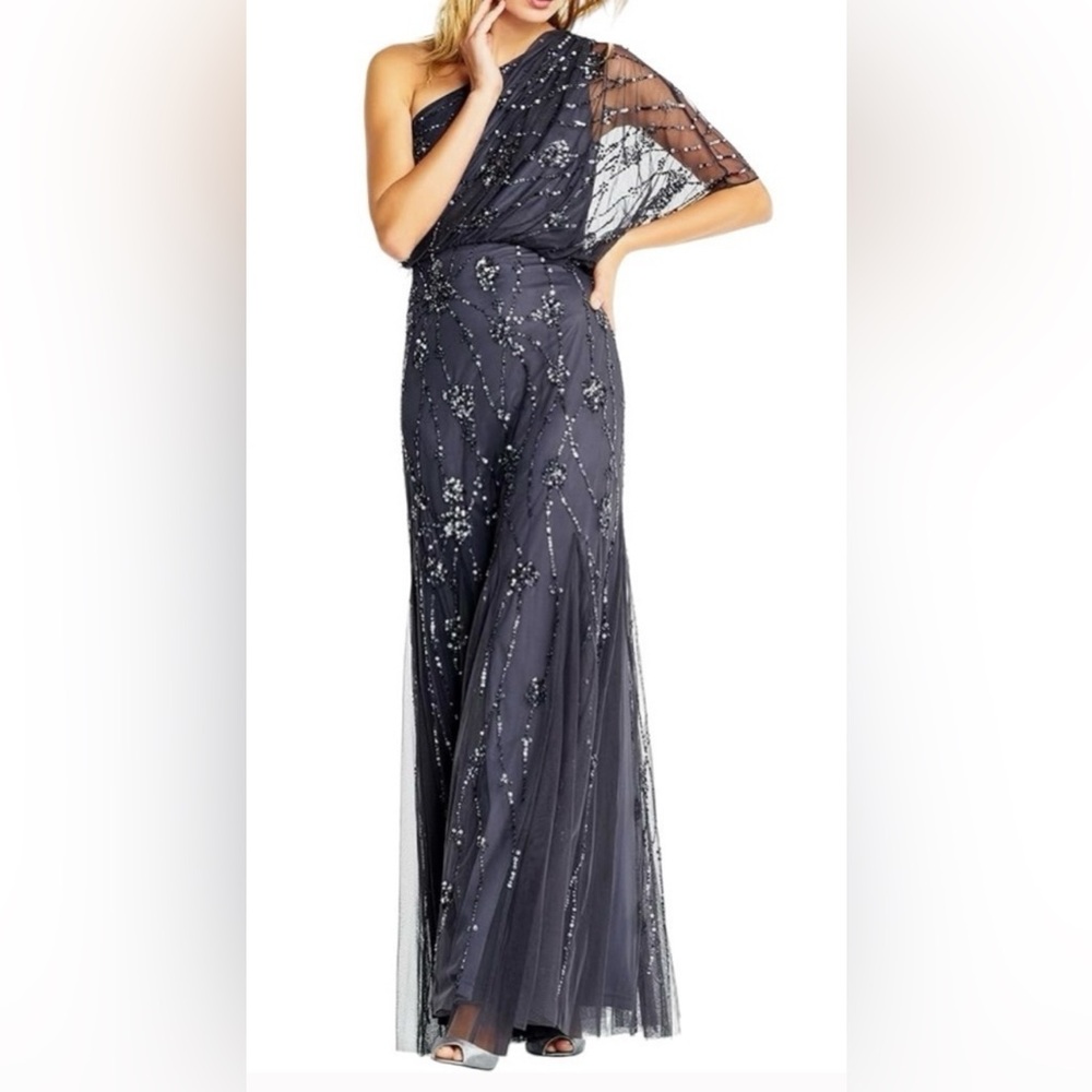 Adrianna Papell One Shoulder Gray Sequin Dress. Elegant, Sophisticated